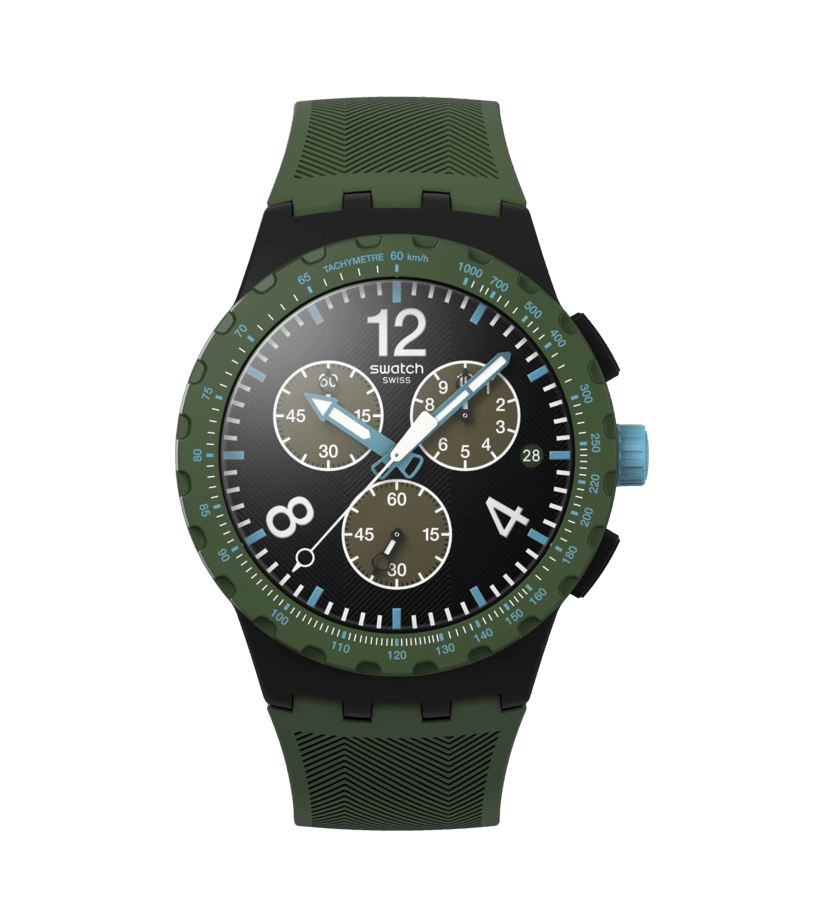 Olivgrüne Chronograph-Armbanduhr mit Kunststoffarmband und schwarzem Zifferblatt