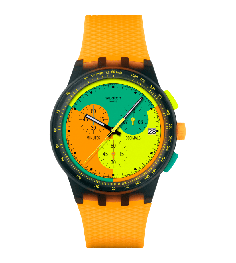 Herren-Armbanduhr mit orangem Silikonarmband, grünem Zifferblatt und schwarzer Lünette, Chronograph