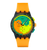 Herren-Armbanduhr: orangem Silikonband, grün-oranges Zifferblatt, schwarzer Tachymeter-Ring, Chronograph