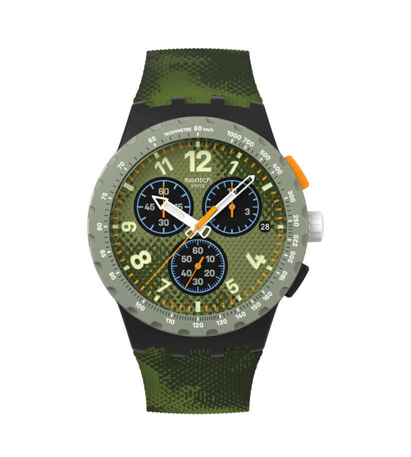 Camouflage-Chronographenarmbanduhr mit grünem Silikonband, orangefarbenen Akzenten und Chronodrehscheiben