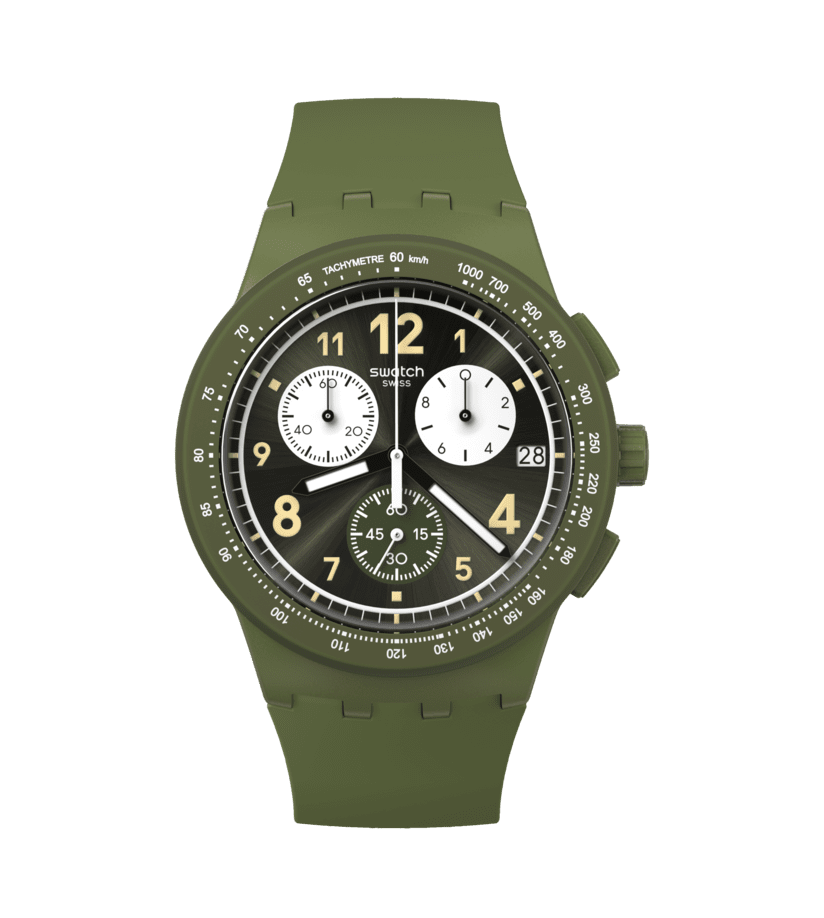 Herren-Chronograph mit olivegrünem Kunststoffarmband und schwarzem Zifferblatt mit Chrono-Subdials