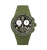 Herren-Chronograph frontal: olivegrünes Kunststoffarmband, schwarzes Zifferblatt mit Chrono-Design