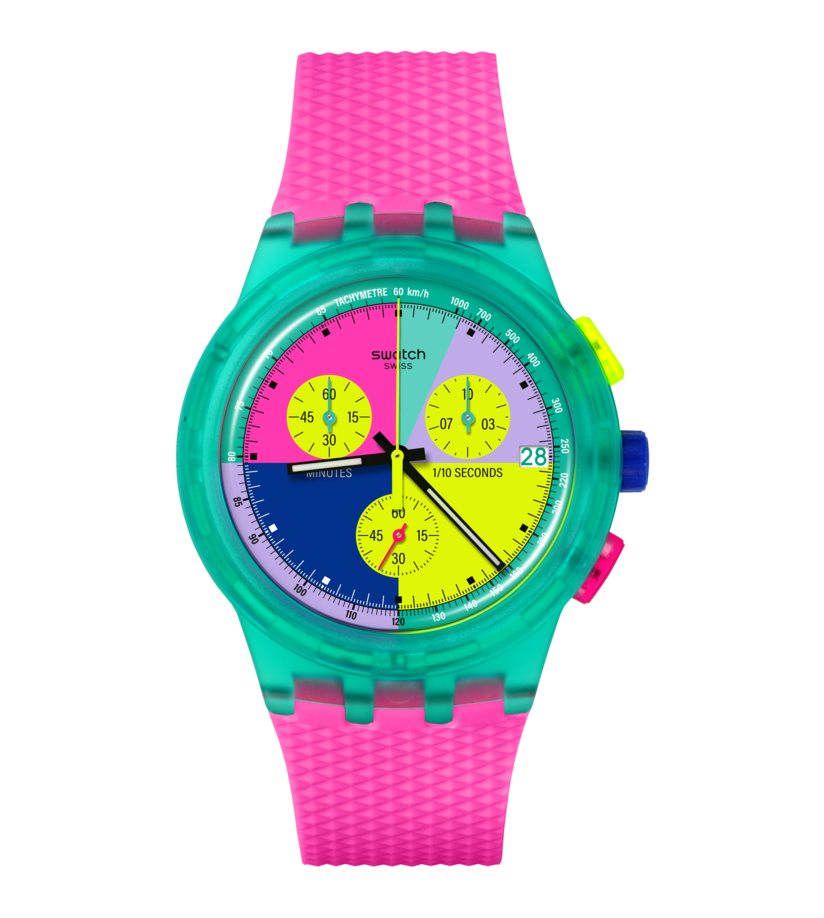 Bunte Swatch-Chronographenuhr mit Tachymeter, leuchtenden Zeigern und pinkem Silikonband.