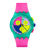 Bunte Swatch-Chronographenuhr mit Tachymeter, leuchtenden Zeigern und pinkem Silikonband.