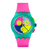 Bunte Swatch-Chronographenuhr mit Tachymeter, türkis-grünem Gehäuse und pinkem Band.