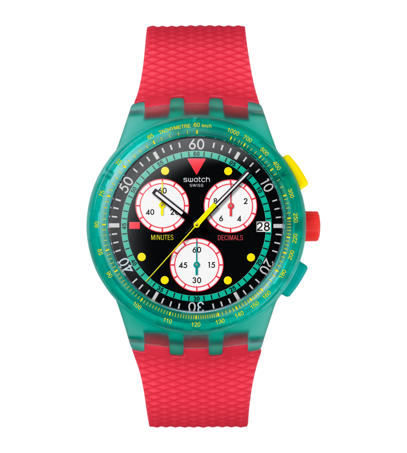 Chronographenarmbanduhr mit grünem Zifferblatt und rotem Silikonarmband, gelbe Akzente