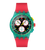 Chronographenarmbanduhr mit grünem Zifferblatt und rotem Silikonarmband, gelbe Akzente