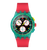Runde Chronographenarmbanduhr mit grünem Zifferblatt, rotem Armband und gelben Details