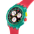 Vorderansicht Chronographenarmbanduhr: grüner Rand, rotes Armband, Leuchtzeiger