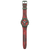 Armbanduhr im Frontansicht-Set: rotes Armband, rundes Gehäuse, grüne Zifferblattgrafik