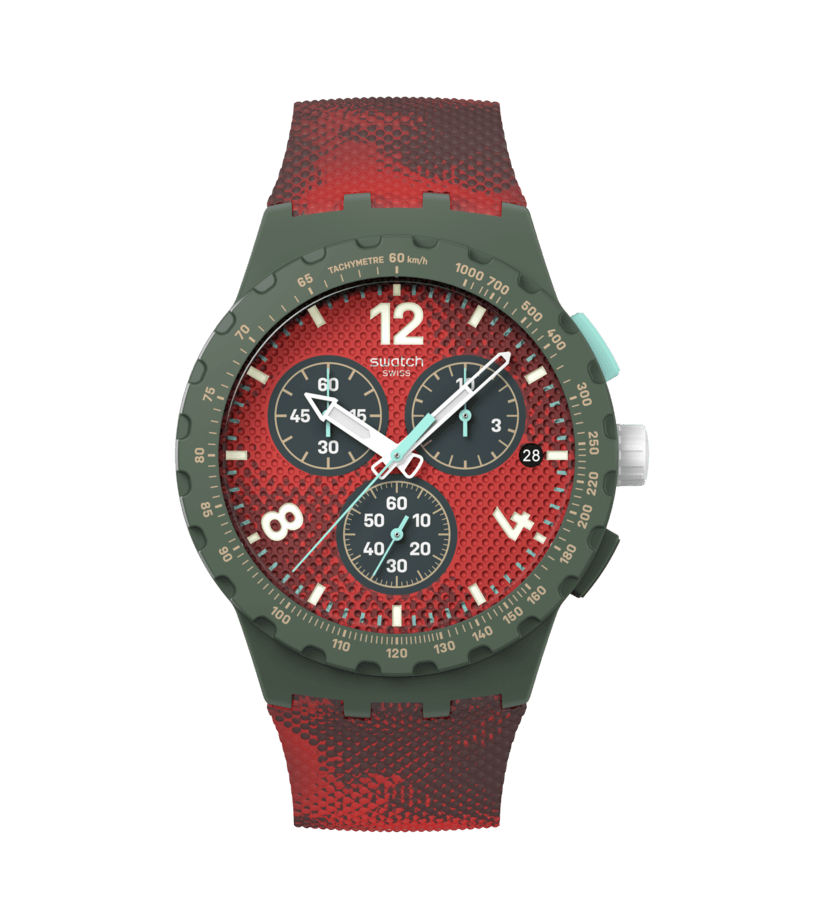 Armbanduhr mit rotem Silikonarmband und schwarzem Zifferblatt mit Chrono-Subziffern