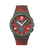 Armbanduhr mit rotem Silikonarmband und schwarzem Zifferblatt mit Chrono-Subziffern