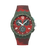 Armbanduhr mit rotem Armband und rundem Zifferblatt: Chrono-Subziffern und Punktindizes