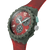 Armbanduhr in Nahansicht: rotes Zifferblatt, Chrono-Subziffern, dunkler Gehäuserand