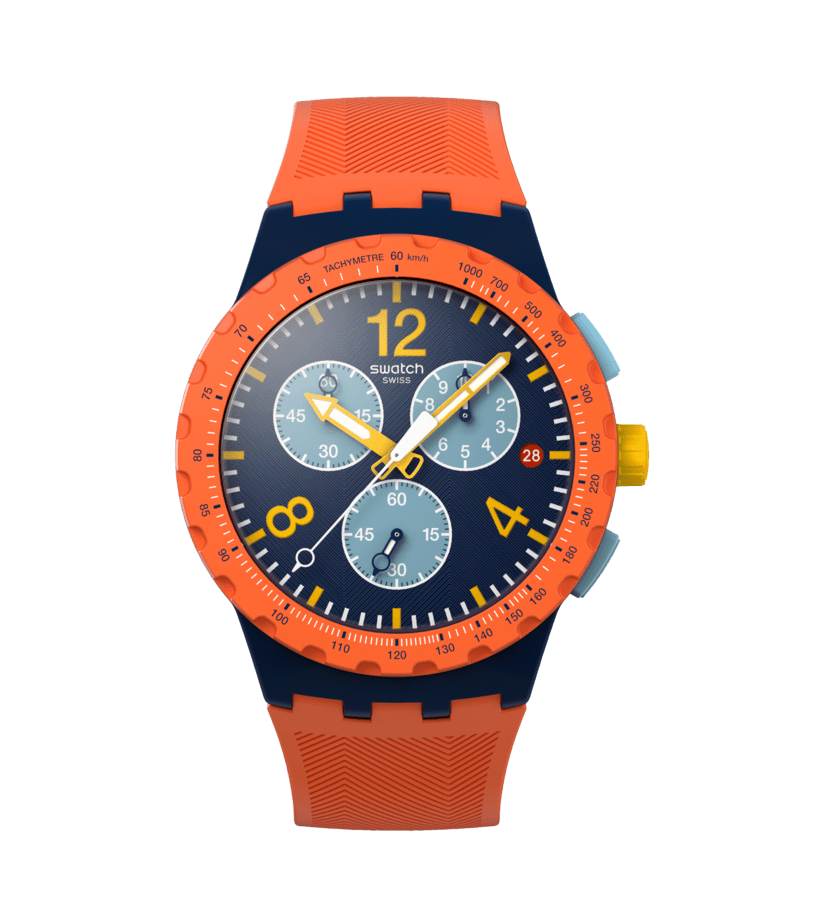 Swatch Herren-Armbanduhr mit Chronograph, dunkelblaues Zifferblatt und orangefarbenes Band