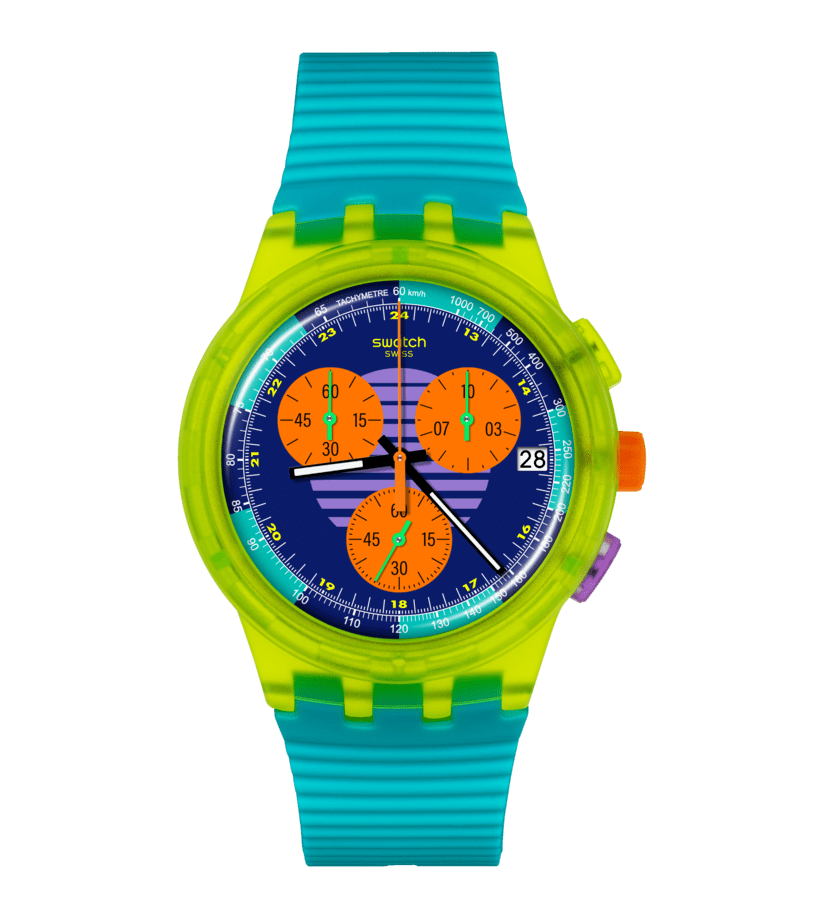 Herren-Armbanduhr mit blauem Neongummiband, gelbem Gehäuse und Chronographen-Zifferblatt