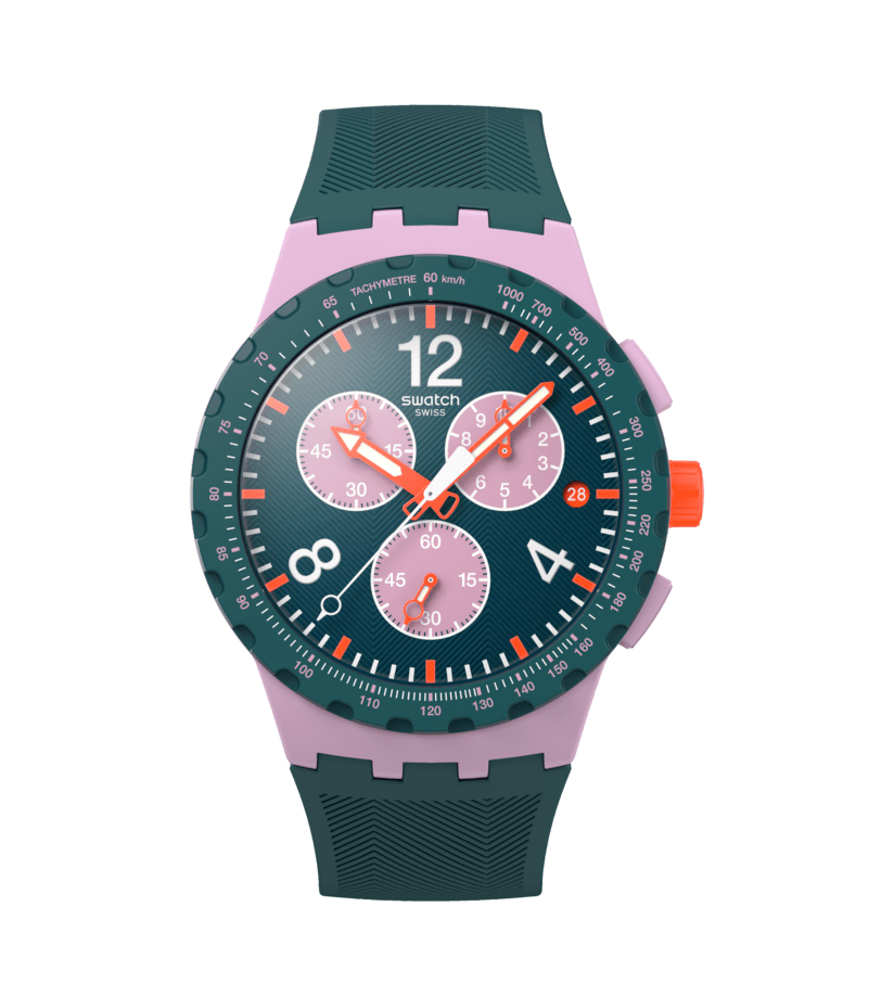 Swatch Chronographen-Uhr aus Kunststoff, blaugrünes Zifferblatt, rosa Akzenten, Armband