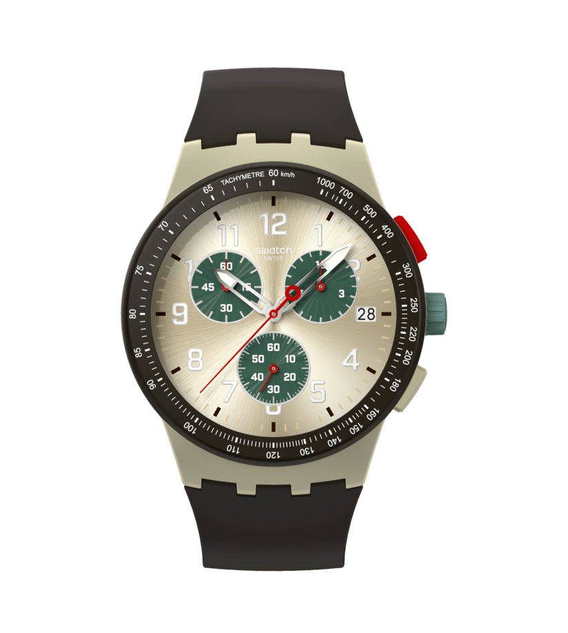 Swatch-Chronographen-Uhr mit schwarzem Kunststoffarmband, grünem Zifferblatt und roten Akzenten