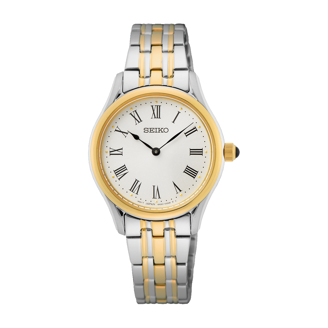 Damenarmbanduhr Seiko mit zweifarbigem Edelstahlband, cremefarbenem Zifferblatt und römischen Zahlen
