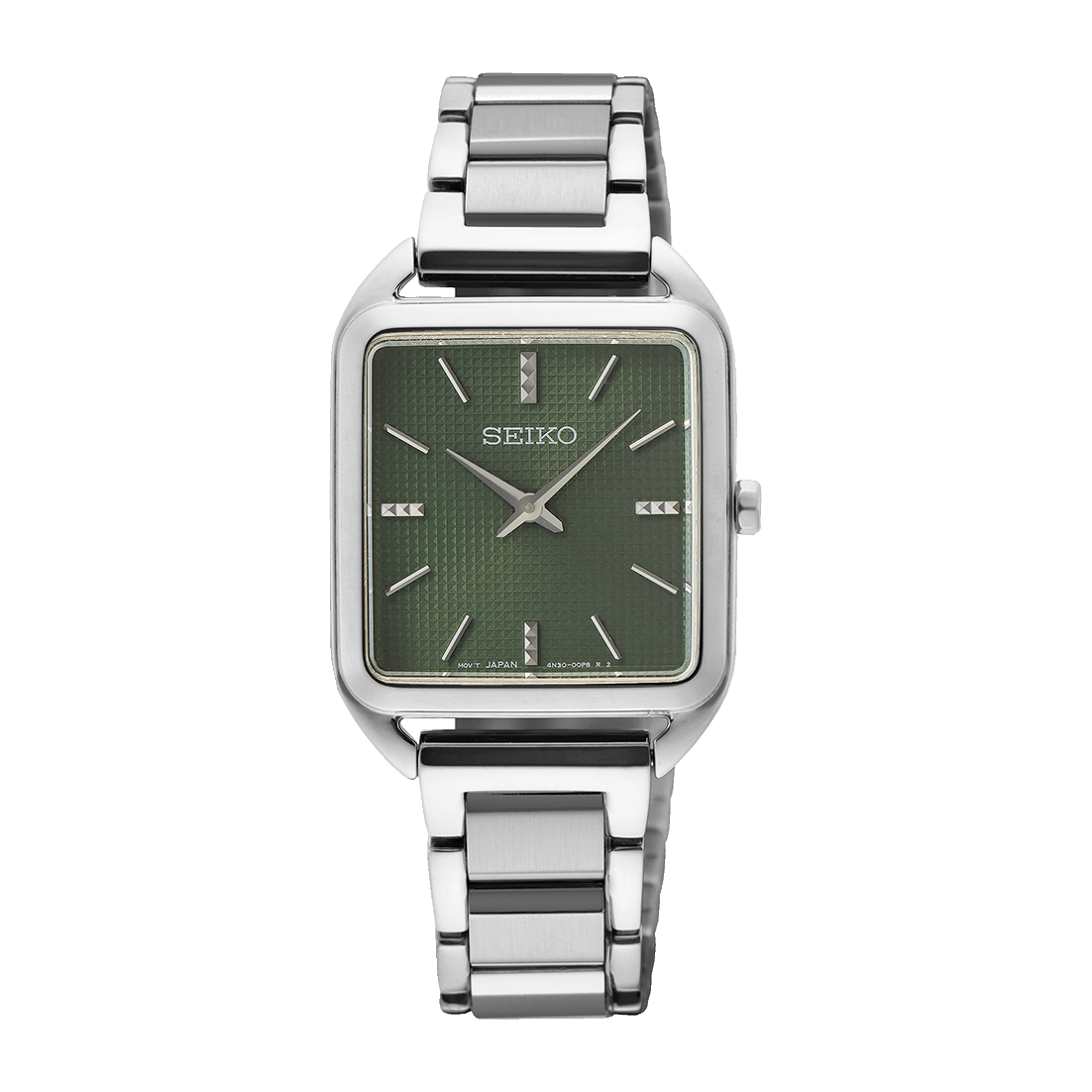 Seiko Damenarmbanduhr mit rechteckigem Gehäuse, Metallband und grünem Zifferblatt