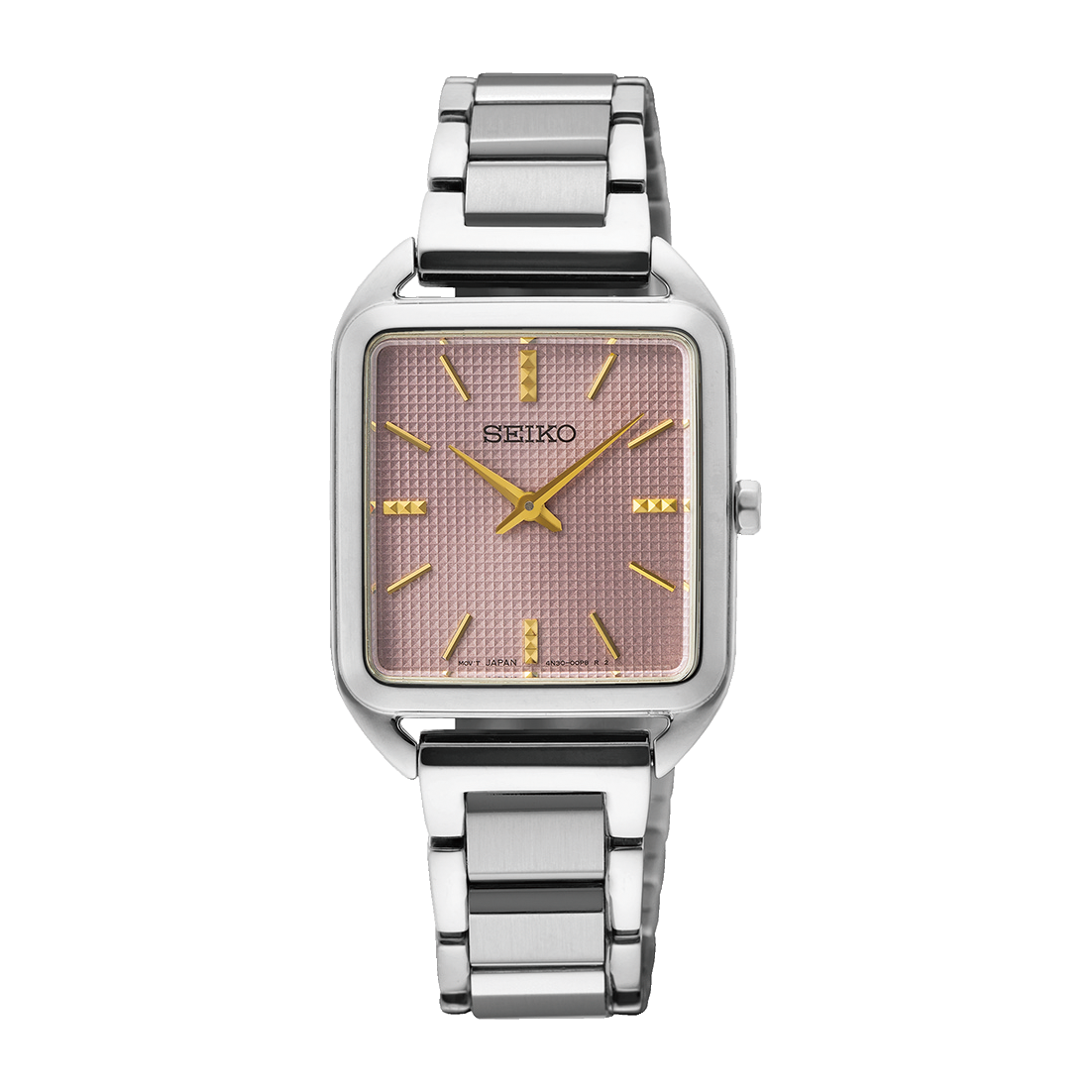Seiko Damenarmbanduhr mit eckigem silbernen Gehäuse, Metallarmband und dunkelrotem Zifferblatt