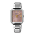 Seiko Damenarmbanduhr mit eckigem silbernen Gehäuse, Metallarmband und dunkelrotem Zifferblatt
