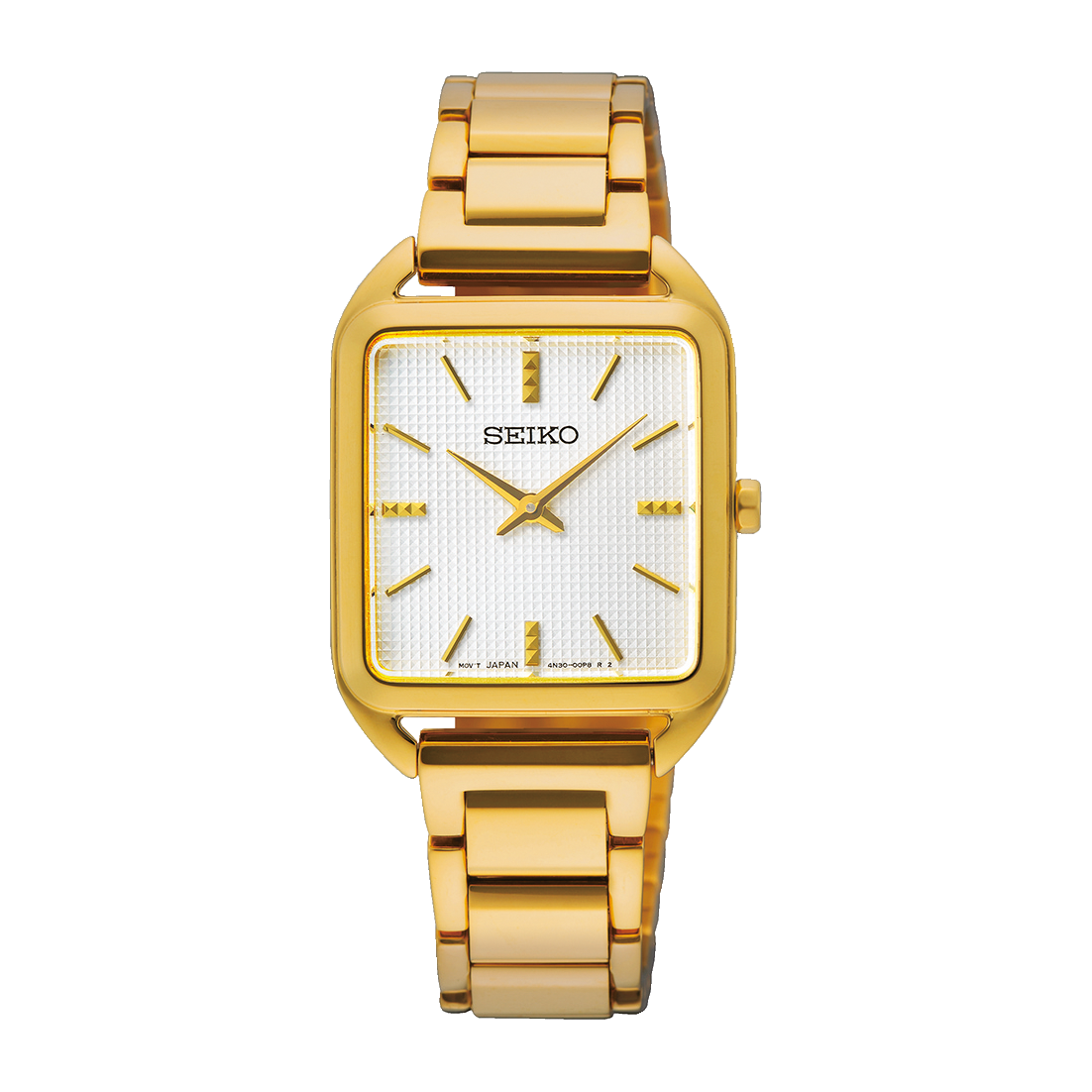 Seiko Damenuhr mit goldfarbenem Metallarmband und eckigem Zifferblatt