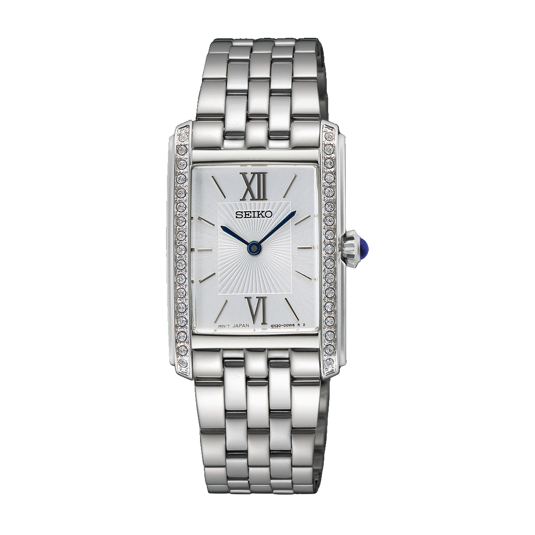 Seiko Damenarmbanduhr mit silbernem Edelstahlband, weißem Zifferblatt und römischen Ziffern