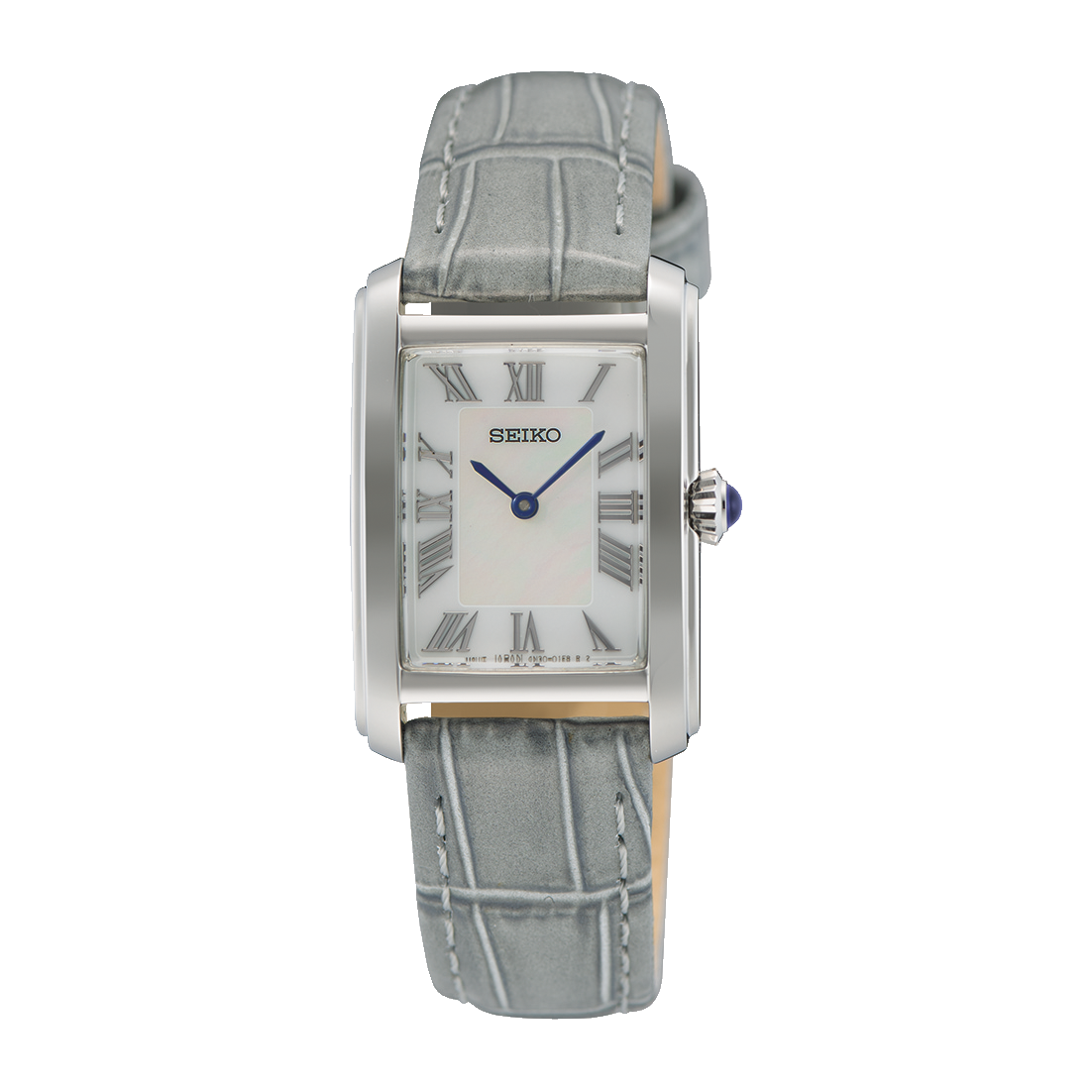Seiko Damenuhr mit eckigem Edelstahlgehäuse, grauem Lederband und weißem Zifferblatt