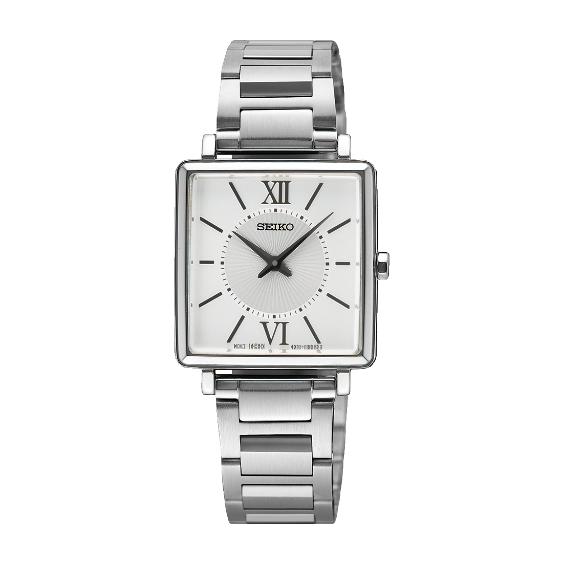 Silberne Damen-Armbanduhr mit rechteckigem Zifferblatt, römischen Zahlen und Metallarmband