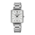 Silberne Damen-Armbanduhr mit rechteckigem Zifferblatt, römischen Zahlen und Metallarmband