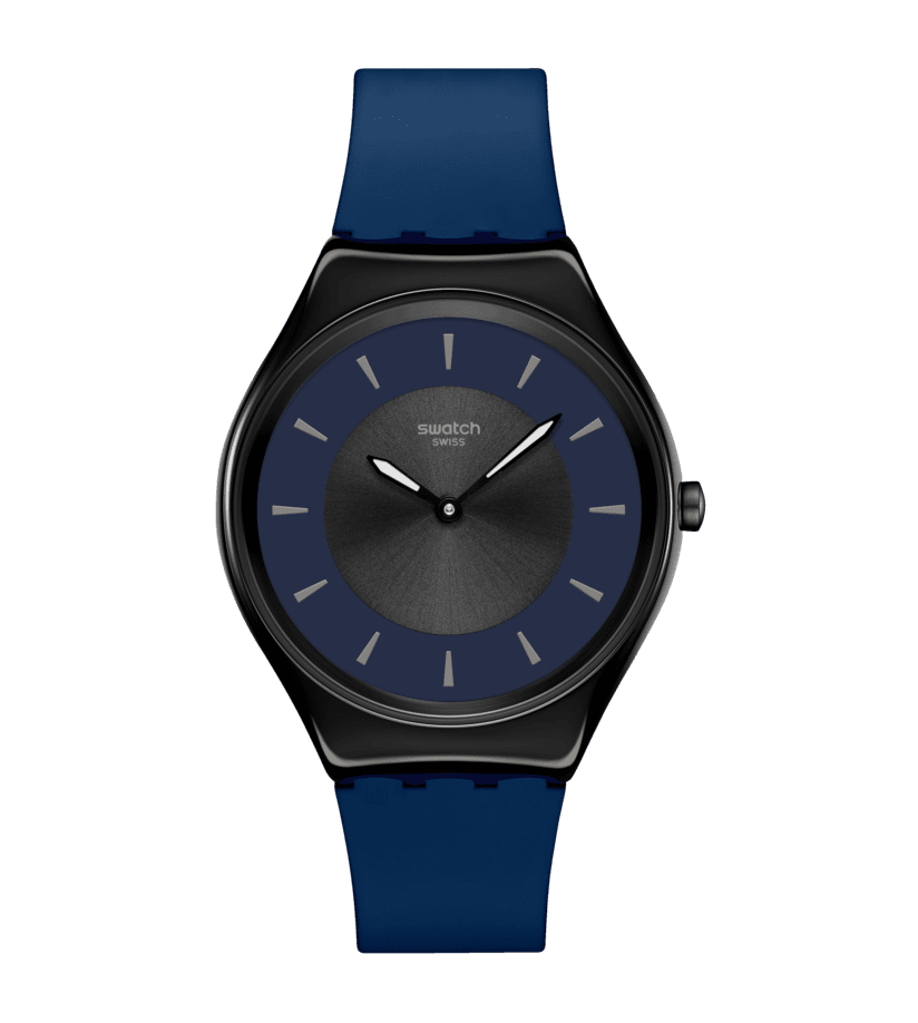 Herrenarmbanduhr mit blauem Silikonarmband, schwarzem Gehäuse und blauem Zifferblatt