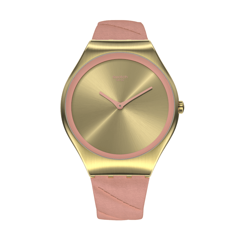 Damenuhr mit rosafarbenem Lederarmband und rundem goldfarbenem Gehäuse, rosa Ziffernring