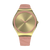 Damenuhr mit rosafarbenem Lederarmband und rundem goldfarbenem Gehäuse, rosa Ziffernring