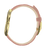 Damenuhr im Seitenprofil mit rosafarbenem Lederarmband und goldfarbenem Gehäuse
