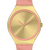 Damenuhr Vorderansicht mit goldfarbenem Ziffernblatt, rosa Zeigern und rosafarbenem Lederarmband