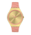 Damenuhr mit rosafarbenem Lederarmband und goldfarbenem Gehäuse, rosa Ziffernblatt und Zeigern