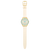 Damenarmbanduhr Swatch in Aufsicht: goldenes Gehäuse, weißes Armband, blaues Zifferblatt.