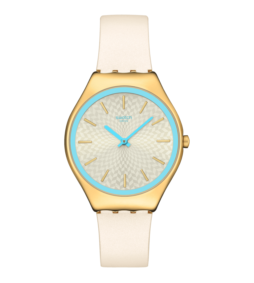 Damenarmbanduhr Swatch: weißes Lederarmband, goldene Lünette, blaues Zifferblatt.