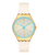 Damenarmbanduhr Swatch: weißes Lederarmband, goldene Lünette, blaues Zifferblatt.