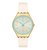 Ansicht der Damenarmbanduhr: goldfarbenes Gehäuse, helles Lederarmband, blaues Zifferblatt