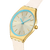 Damenarmbanduhr Swatch, großes blaues Zifferblatt, goldene Lünette, weißes Armband.