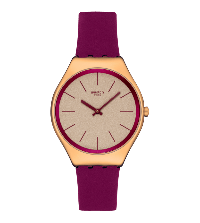 Damenarmbanduhr mit lila Silikonarmband, roségoldenem Gehäuse und cremefarbenem Zifferblatt