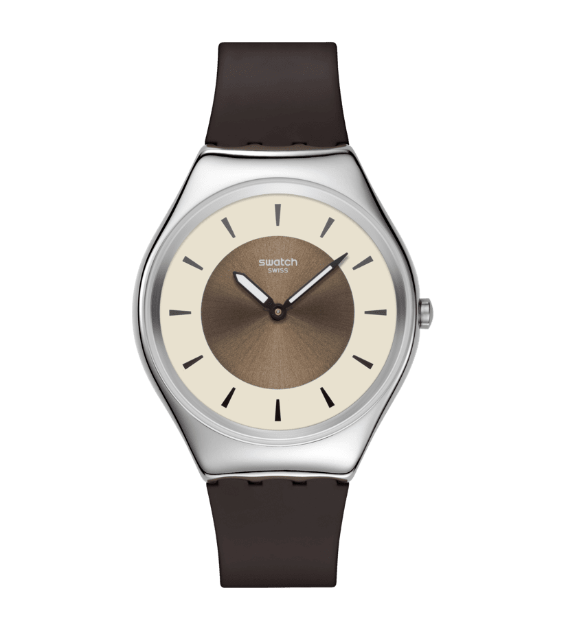 Swatch Damenarmbanduhr: braunes Zifferblatt, schwarzes Band, silbernes Edelstahlgehäuse.