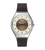 Swatch Damenarmbanduhr: braunes Zifferblatt, schwarzes Band, silbernes Edelstahlgehäuse.