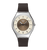 Swatch Damenarmbanduhr mit braunem Zifferblatt, schwarzem Band und silbernem Gehäuse.
