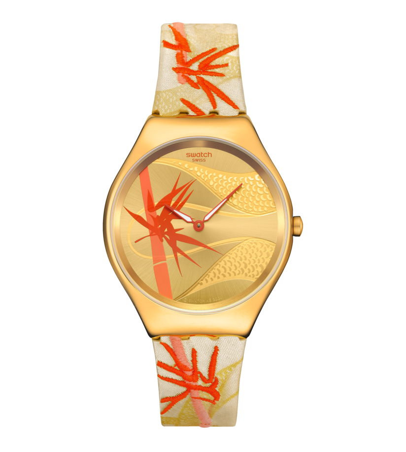 Goldfarbene Swatch-Armbanduhr mit weißem Armband und rotem Blattmuster, rundes Zifferblatt