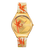 Goldfarbene Swatch-Armbanduhr mit weißem Armband und rotem Blattmuster, rundes Zifferblatt