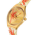 Goldfarbene Swatch-Armbanduhr im Profil: rundes Gehäuse, weißes Armband mit rotem Blattmuster