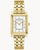 Bulova Damenarmbanduhr mit rechteckigem Gehäuse, weißem Zifferblatt und goldfarbenem Metallarmband